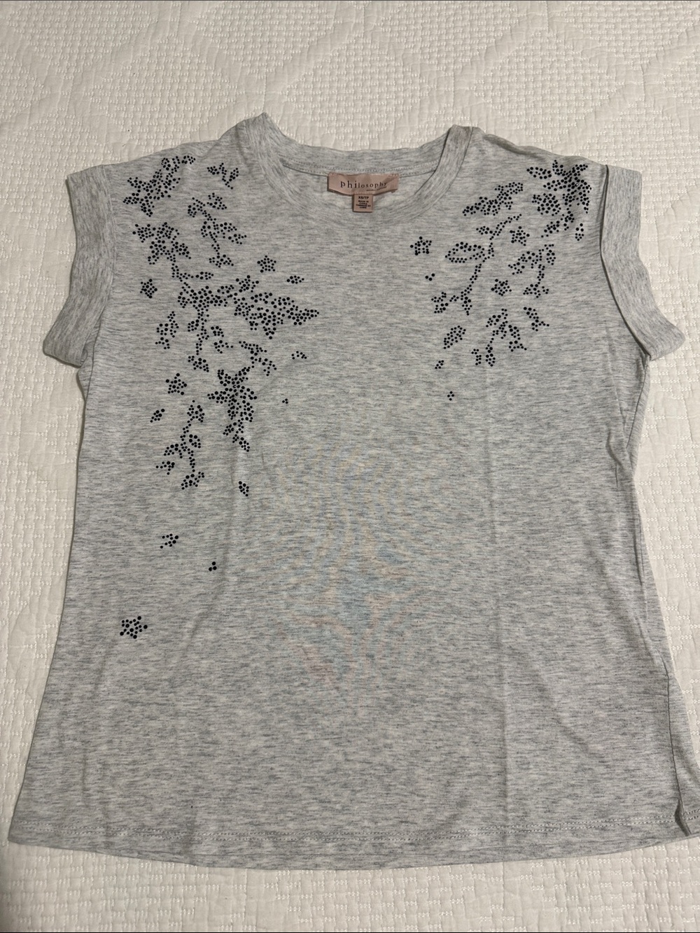 Philosophy Heather Gray Short Sleeve Tee with Black Floral Beading